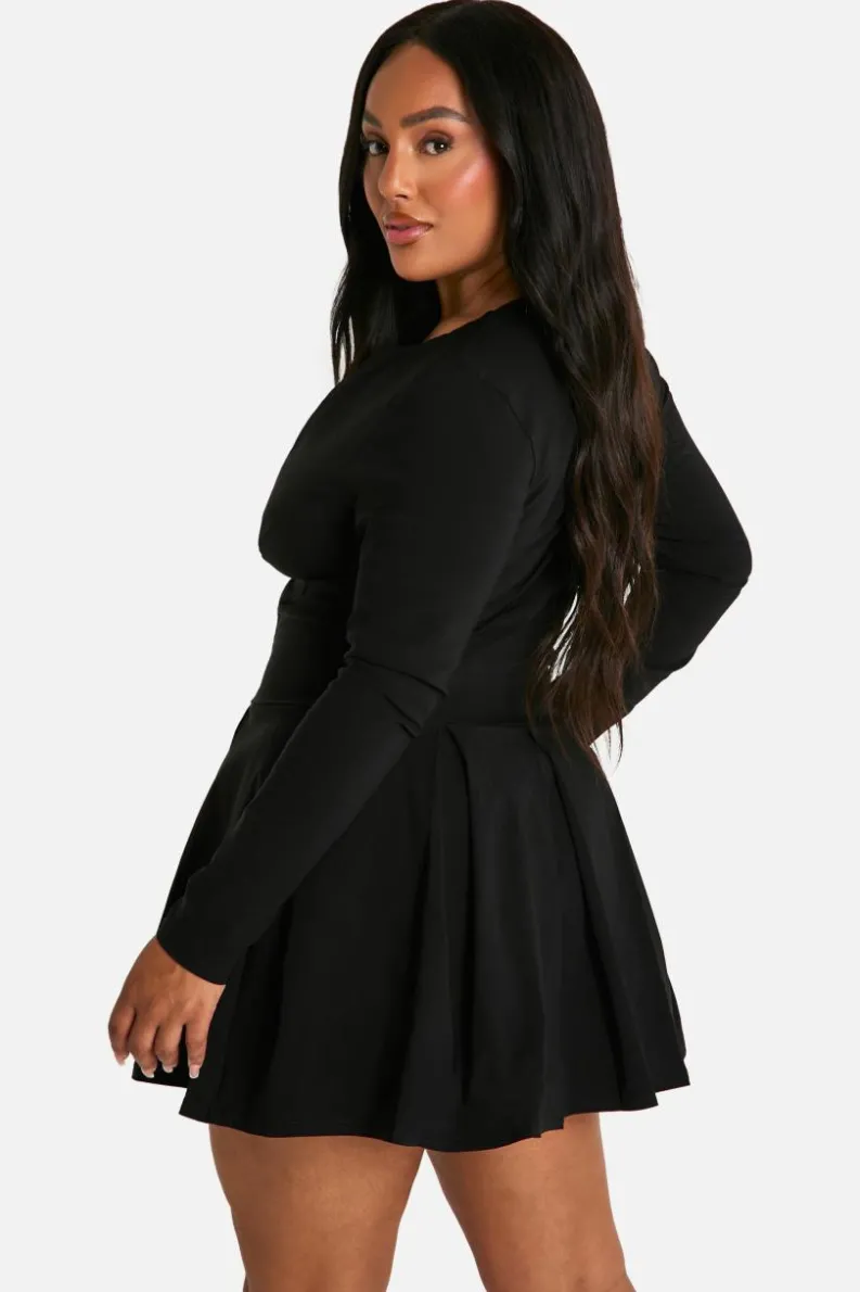 Skater Dresses|Mini Dresses*boohoo Plus Long Sleeve Corset Detail Plunge Pleated Hem Dress black