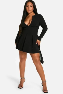 Skater Dresses|Mini Dresses*boohoo Plus Long Sleeve Corset Detail Plunge Pleated Hem Dress black