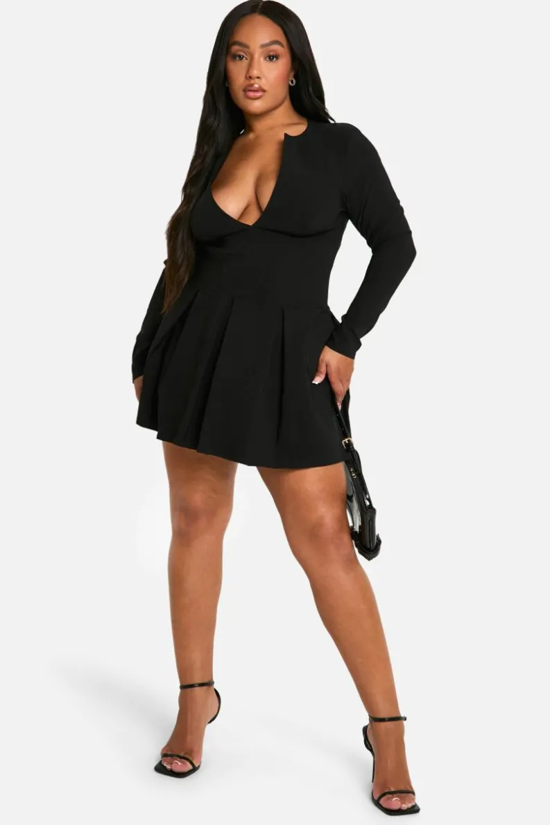 Skater Dresses|Mini Dresses*boohoo Plus Long Sleeve Corset Detail Plunge Pleated Hem Dress black