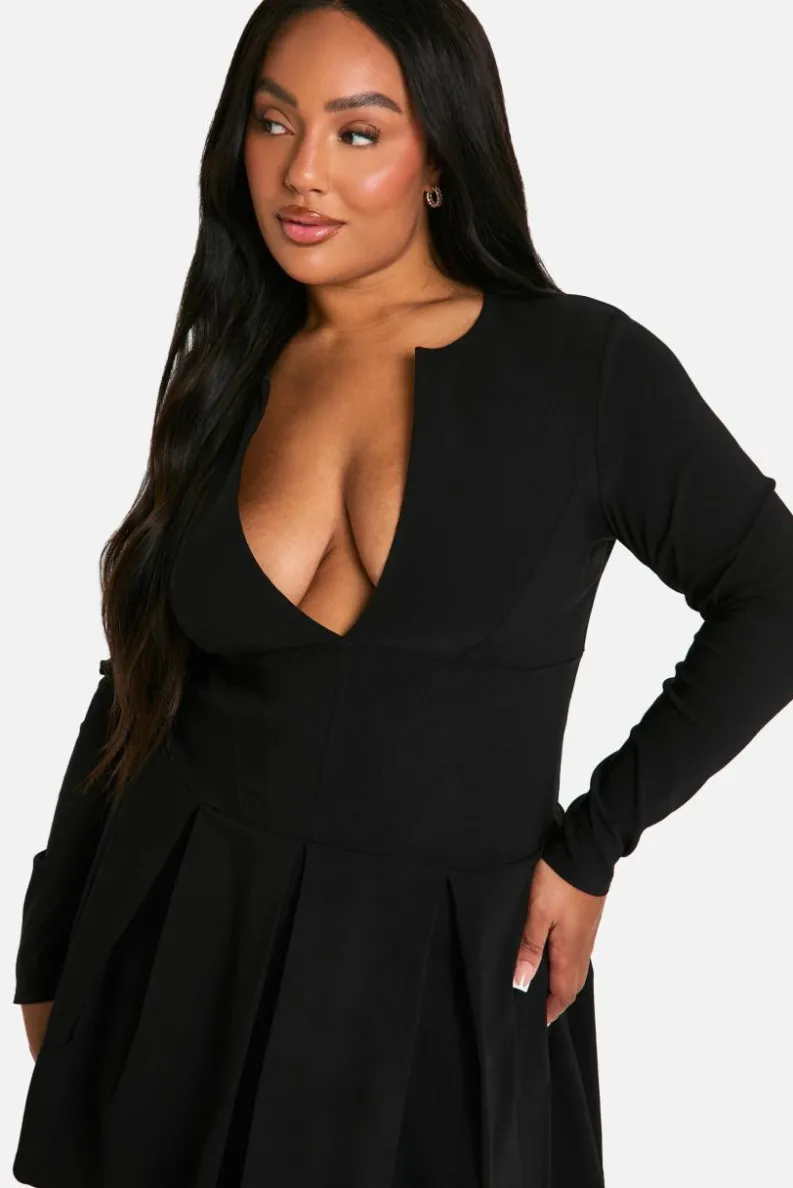 Skater Dresses|Mini Dresses*boohoo Plus Long Sleeve Corset Detail Plunge Pleated Hem Dress black