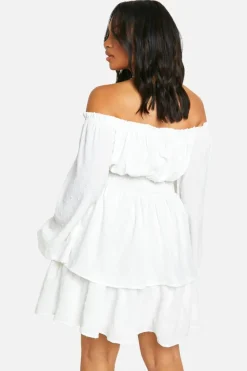 Smock Dresses*boohoo Plus Long Sleeve Dobby Mini Dress white