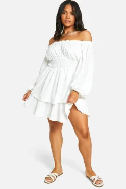 Smock Dresses*boohoo Plus Long Sleeve Dobby Mini Dress white