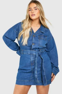 Long Sleeve Dresses|Long Sleeve Dresses*boohoo Plus Long Sleeve Tie Belt Denim Dress mid blue