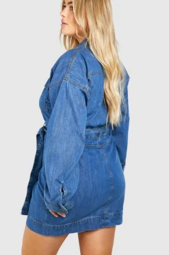 Long Sleeve Dresses|Long Sleeve Dresses*boohoo Plus Long Sleeve Tie Belt Denim Dress mid blue