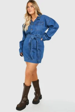 Long Sleeve Dresses|Long Sleeve Dresses*boohoo Plus Long Sleeve Tie Belt Denim Dress mid blue