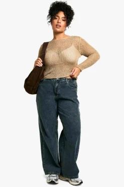 Jumpers*boohoo Plus Loose Knit Fine Gauge Sheer Jumper taupe