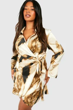 Shirt Dresses|Wrap Dresses*boohoo Plus Marble Print Wrap Shirt Dress brown