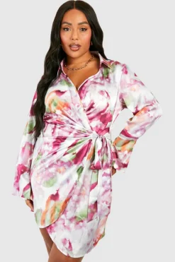 Shirt Dresses|Wrap Dresses*boohoo Plus Marble Print Wrap Shirt Dress pink