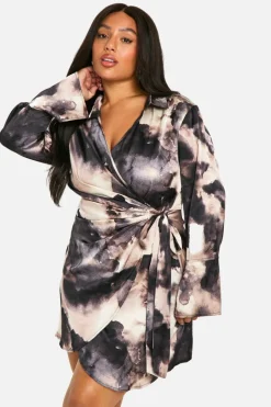 Shirt Dresses|Wrap Dresses*boohoo Plus Marble Print Wrap Shirt Dress dusky pink