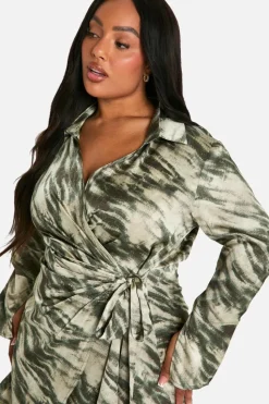 Shirt Dresses|Wrap Dresses*boohoo Plus Marble Print Wrap Shirt Dress khaki