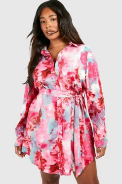 Shirt Dresses*boohoo Plus Marble Printed Tie Belt Shirt Dress pink