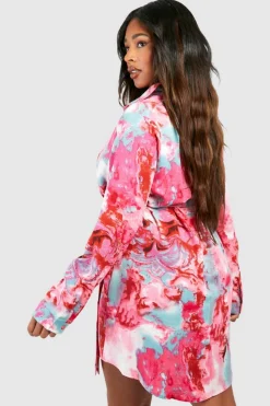 Shirt Dresses*boohoo Plus Marble Printed Tie Belt Shirt Dress pink