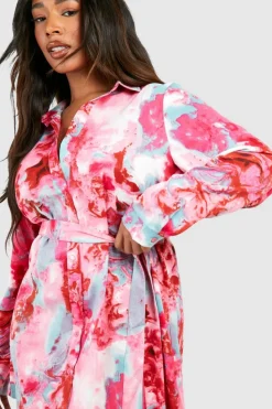 Shirt Dresses*boohoo Plus Marble Printed Tie Belt Shirt Dress pink