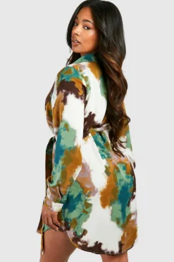 Shirt Dresses|Mini Dresses*boohoo Plus Marble Printed Tie Belt Shirt Dress green