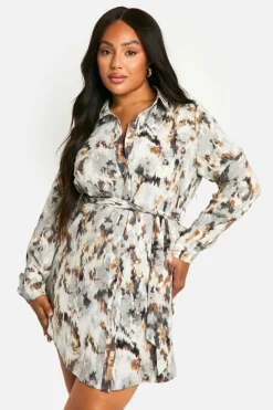 Shirt Dresses*boohoo Plus Marble Printed Tie Belt Shirt Dress grey