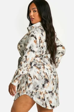 Shirt Dresses*boohoo Plus Marble Printed Tie Belt Shirt Dress grey