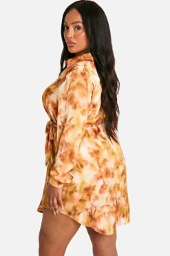 Shirt Dresses*boohoo Plus Marble Printed Tie Belt Shirt Dress burnt orange