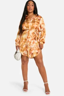 Shirt Dresses*boohoo Plus Marble Printed Tie Belt Shirt Dress burnt orange