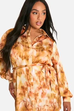 Shirt Dresses*boohoo Plus Marble Printed Tie Belt Shirt Dress burnt orange