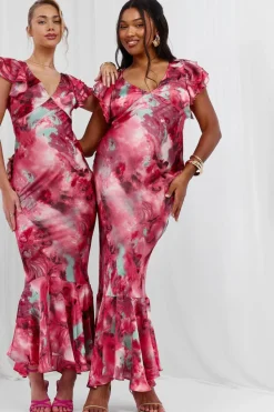 Skater Dresses|Maxi Dresses*boohoo Plus Marble Satin Ruffle Sleeve Maxi Dress pink