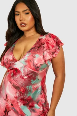 Skater Dresses|Maxi Dresses*boohoo Plus Marble Satin Ruffle Sleeve Maxi Dress pink