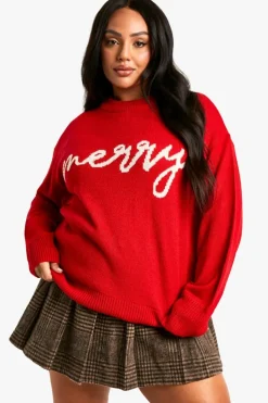 Oversized Jumpers*boohoo Plus Merry Slogan Christmas Oversized Jumper red