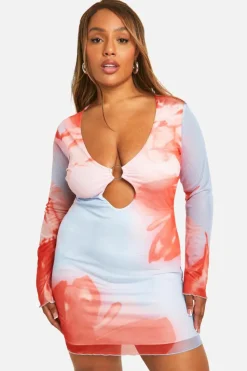 Bodycon Dresses*boohoo Plus Mesh Floral Print Cut Out Detail Long Sleeve Mini Dress blue