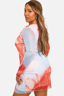 Bodycon Dresses*boohoo Plus Mesh Floral Print Cut Out Detail Long Sleeve Mini Dress blue