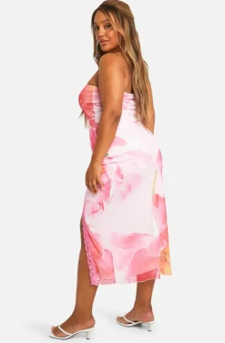 Bodycon Dresses*boohoo Plus Mesh Floral Print Lace Trim Split Midaxi Dress pink
