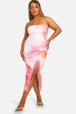 Bodycon Dresses*boohoo Plus Mesh Floral Print Lace Trim Split Midaxi Dress pink