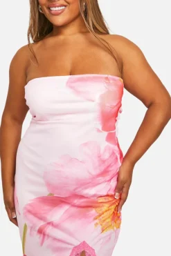 Bodycon Dresses*boohoo Plus Mesh Floral Print Lace Trim Split Midaxi Dress pink