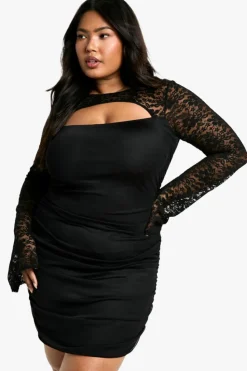 Bodycon Dresses*boohoo Plus Mesh Lace Ruched Bodycon Dress black