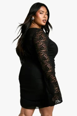 Bodycon Dresses*boohoo Plus Mesh Lace Ruched Bodycon Dress black