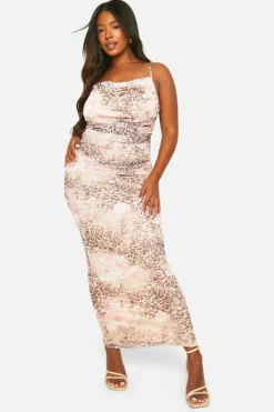 Bodycon Dresses*boohoo Plus Mesh Print Lace Detail Maxi Dress leopard