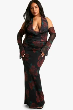 Bodycon Dresses*boohoo Plus Mesh Printed Cowl Neck Ruched Maxi Dress black