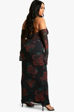 Bodycon Dresses*boohoo Plus Mesh Printed Cowl Neck Ruched Maxi Dress black