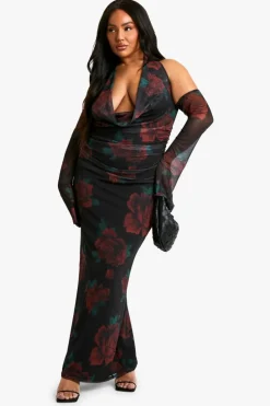 Bodycon Dresses*boohoo Plus Mesh Printed Cowl Neck Ruched Maxi Dress black