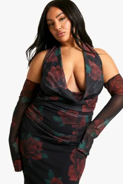 Bodycon Dresses*boohoo Plus Mesh Printed Cowl Neck Ruched Maxi Dress black