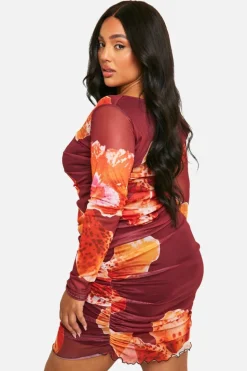 Bodycon Dresses*boohoo Plus Mesh Printed Ruched Bodycon Dress multi