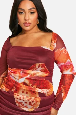 Bodycon Dresses*boohoo Plus Mesh Printed Ruched Bodycon Dress multi