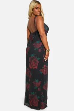 Bodycon Dresses*boohoo Plus Mesh Rose Floral Tie Cowl Neck Maxi Dress black