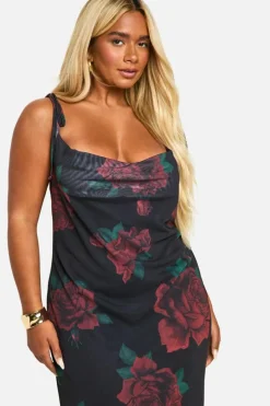 Bodycon Dresses*boohoo Plus Mesh Rose Floral Tie Cowl Neck Maxi Dress black