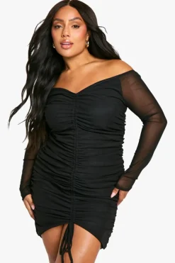 Bodycon Dresses*boohoo plus mesh Ruched bardot mini black