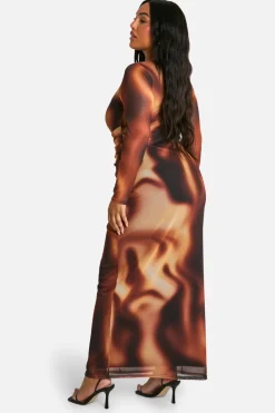 Maxi Dresses|Long Sleeve Dresses*boohoo Plus Mesh Ruched Long Sleeve Column Maxi Dress brown