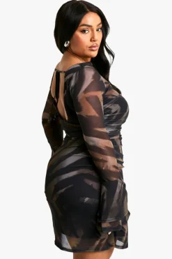Mini Dresses|Long Sleeve Dresses*boohoo Plus Mesh Ruched Long Sleeve Mini Dress brown