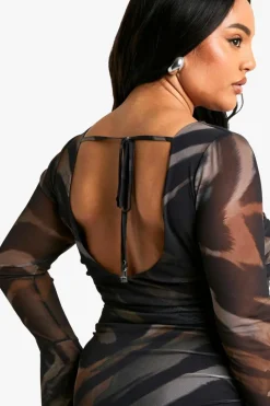 Mini Dresses|Long Sleeve Dresses*boohoo Plus Mesh Ruched Long Sleeve Mini Dress brown
