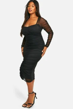 Bodycon Dresses|Mini Dresses*boohoo Plus Mesh Ruched Midi Dress black