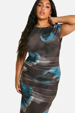 Midi Dresses*boohoo Plus Mesh Ruched Side Detail Cap Sleeve Midiaxi Dress brown