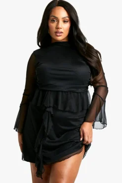 Smock Dresses*boohoo Plus Mesh Ruffle Flared Sleeve Smock Dress black
