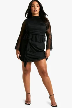 Smock Dresses*boohoo Plus Mesh Ruffle Flared Sleeve Smock Dress black